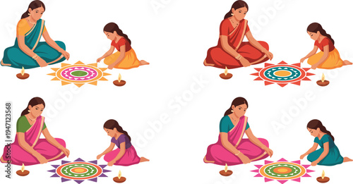 Indian women creating colorful rangoli designs during festive celebration, showcasing tradition, culture, and vibrant art in vector illustration