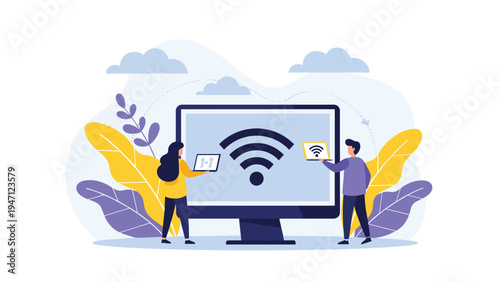 Professional team using laptops connected to a large computer screen displaying a wifi symbol for internet connectivity.