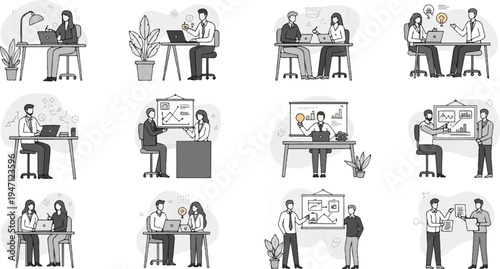 Business people collaborate and present data in office settings