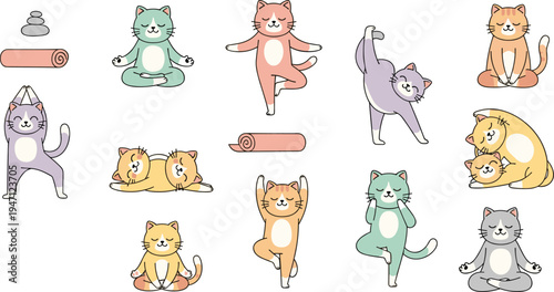 Cute cartoon cats doing yoga poses with wellness elements, relaxing meditation kittens, pastel vector illustration set for mindfulness and relaxation
