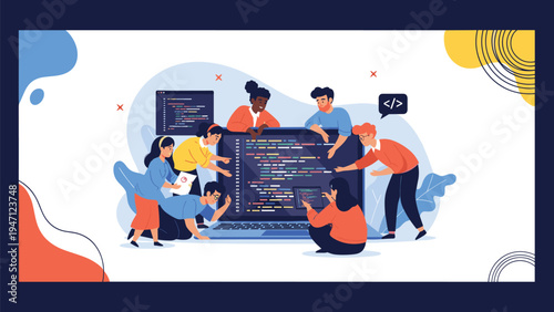 Group of diverse software developers working together on coding projects around a large laptop with programming scripts.