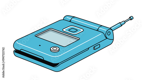Classic blue flip phone with a small screen and an antenna is illustrated as a retro vector graphic for mobile technology themes.