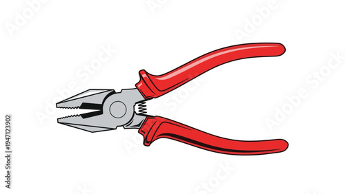 Metal combination pliers with red insulated handles are illustrated as a realistic vector graphic for tool and repair concepts.