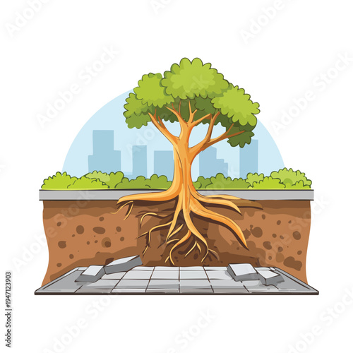 Cartoon tree with roots growing through pavement in front of city landscape