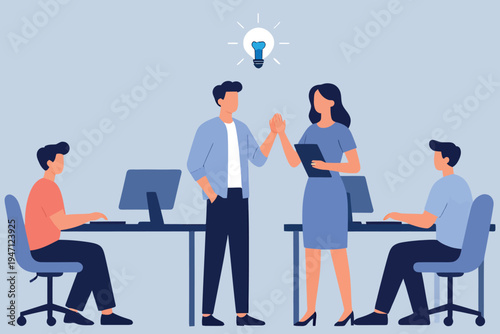 Teamwork and innovation people collaborating with a bright idea above