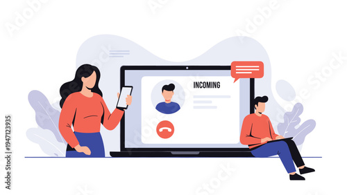 Incoming video call concept on a laptop screen with male and female characters interacting with mobile technology.