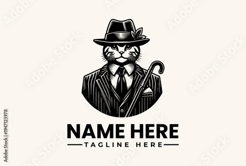 A stylized black and white illustration of a cat in a suit and fedora holding an umbrella against a clean white background with space for custom text.