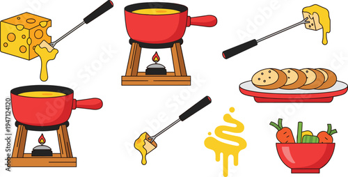 Cheese Fondue Cooking Vector Set Featuring Melted Cheese Pot, Bread Slices, Skewer Fork, Swiss Style Fondue Dish and Food Ingredients Illustration