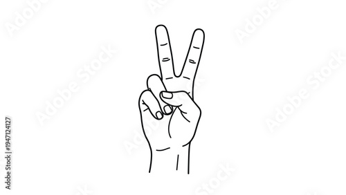 Human hand makes a peace sign gesture with two fingers raised in this simple black and white line drawing for universal harmony.