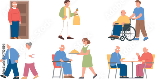 Caregiver assisting elderly individual with daily activities illustration depicting senior care support compassion and helping people vector design