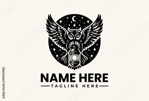 A black and white illustration of an owl with wings spread, holding a lantern, set against a starry night sky with a crescent moon, surrounded by a circular logo with placeholder text on a