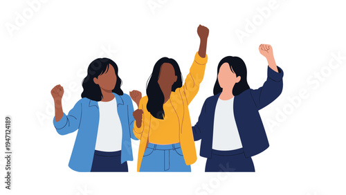 Diverse group of women raising their fists in unity as a powerful symbol of female empowerment and social activism.