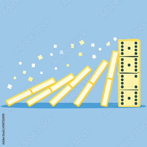 Dominoes falling in sequence with a light blue background illustration