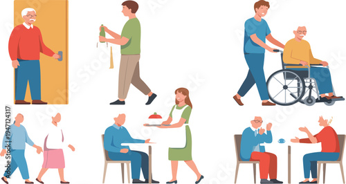 Caregiver assisting elderly individual with daily activities illustration depicting senior care support compassion and helping people vector design
