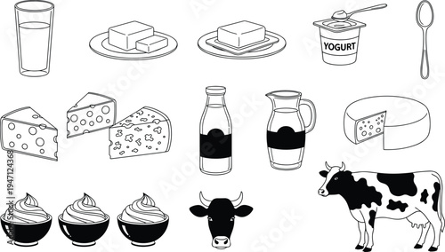 Black linear icon set featuring dairy products including milk glass cheese wedges butter yogurt cow silhouette and whipped cream for food industry design.