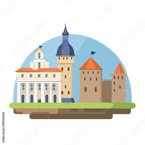 Cartoon illustration of a grand castle with towers and colorful rooftops