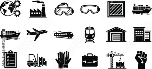 Black linear icon set for warehouse logistics featuring storage racks industrial scales a checklist cardboard box forklift and a manual hand truck.