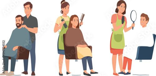 Cartoon illustration of people getting haircuts at barbershop showing hairstyling hair care grooming and barber services for all ages