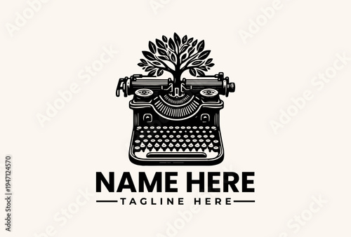 Black and white vector illustration of a typewriter with a tree on top, forming a logo with placeholder text on a beige background.