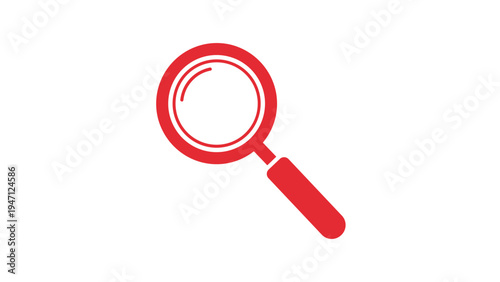 Red magnifying glass with a thick frame and handle is illustrated as a bold vector icon for search and investigation themes.