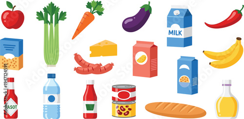 Food and grocery vector icon set featuring fruits vegetables dairy products beverages bread sausage and packaged supermarket items illustration