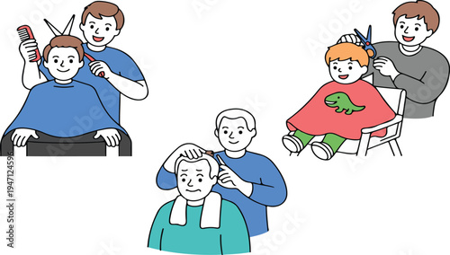 Cartoon illustration of people getting haircuts at a barbershop showing hair care grooming hairstyling and barber services for all ages