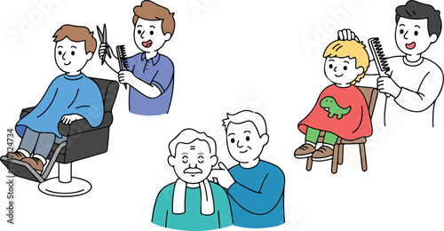 Cartoon illustration of people getting haircuts at a barbershop showing hair care grooming hairstyling and barber services for all ages