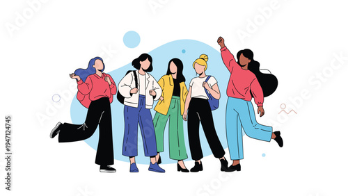 Group of stylish diverse young women standing together in casual outfits expressing friendship and positive vibes.