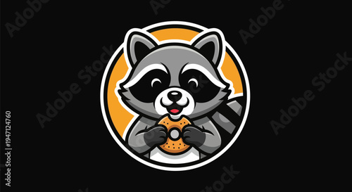 Cartoon raccoon with donut on dark background
