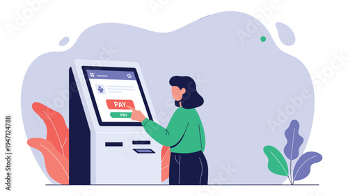 Young woman in a green sweater using a modern self service payment terminal or atm at an indoor location with plants.