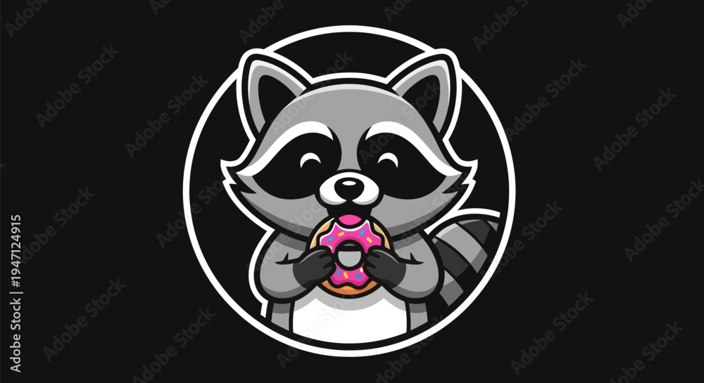 Fototapeta premium Cartoon raccoon eating donut graphic