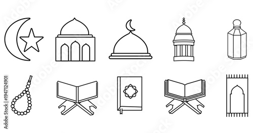 Rahle icon, mosque, lantern, Quran, beads, prayer mat, moon, star. Set of islamic symbol for ramadan. 