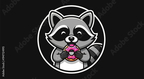 Cartoon raccoon eating donut graphic