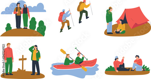 Illustration of people engaging in outdoor adventure activities showcasing active lifestyle hiking camping climbing and recreational fun in nature