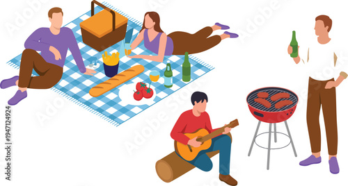 Picnic scene illustration of friends enjoying food and nature outdoors surrounded by greenery trees and relaxing social activities vector art