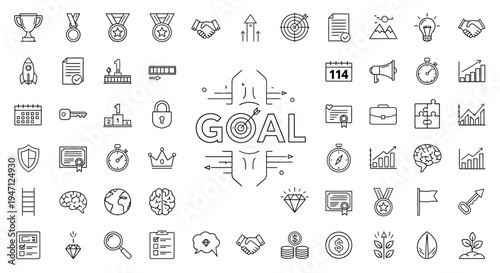 Business goals and success strategy line icons for corporate achievement in bright studio