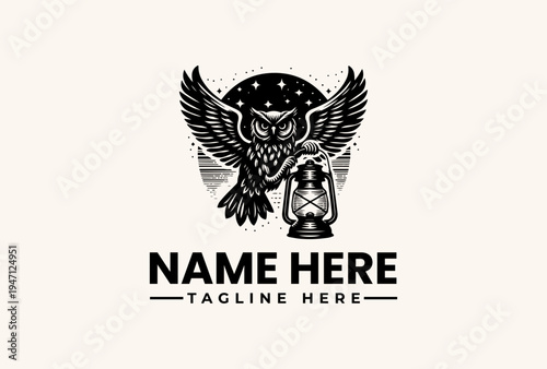 A black and white illustration of an owl with outstretched wings holding a lantern, set against a celestial background with placeholder text for a logo or icon.