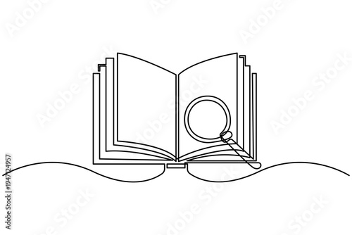 Book and magnifying glass continuous one line drawing minimalist education research outline icon vector illustration isolated on white background.