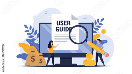 Male and female characters exploring a digital user guide on a large computer screen with money and plant symbols.