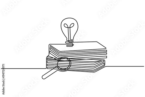 Book and magnifying glass continuous one line drawing minimalist education research outline icon vector illustration isolated on white background.