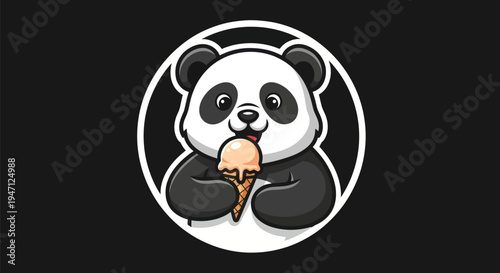 Cartoon panda enjoying ice cream cone