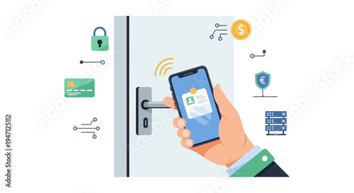 Mobile Access Control with Smartphone and Smart Lock. Digital Identification, Contactless Entry, and Data Security Flat Vector Illustration.