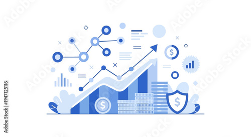 Financial Growth and Data Analysis Concept. Upward Trending Chart, Investment, Money Stacks, and Security Protection Flat Vector Illustration.