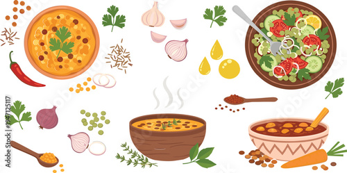 Lentil Soup and Healthy Legume Dishes Collection with Fresh Vegetables, Spices, Herbs and Salad Ingredients Vector Food Illustration Set