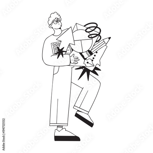 Creative designer holding abstract elements, minimal line art illustration. Vector illustration.