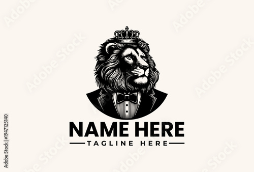 Black and white illustration of a lion's head wearing a crown and tuxedo, with a bow tie, against a clean white background, conveying a regal and sophisticated mood.