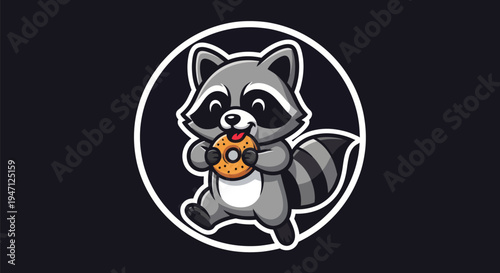 Cartoon raccoon holding donut illustration