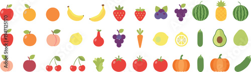 Colorful Fruit and Vegetable Icon Set Featuring Apple, Banana, Orange, Strawberry, Grape, Watermelon, Avocado and Tomato Flat Vector Collection
