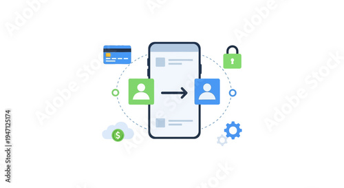 Secure Mobile Money Transfer and Digital Payment Processing via Smartphone. P2P Finance Transaction Icon Set.