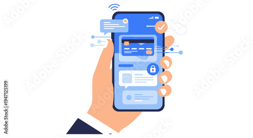 Secure Mobile Banking and Digital Payment App Concept. Hand Holding Smartphone for Online Transaction Confirmation with Credit Card Information.